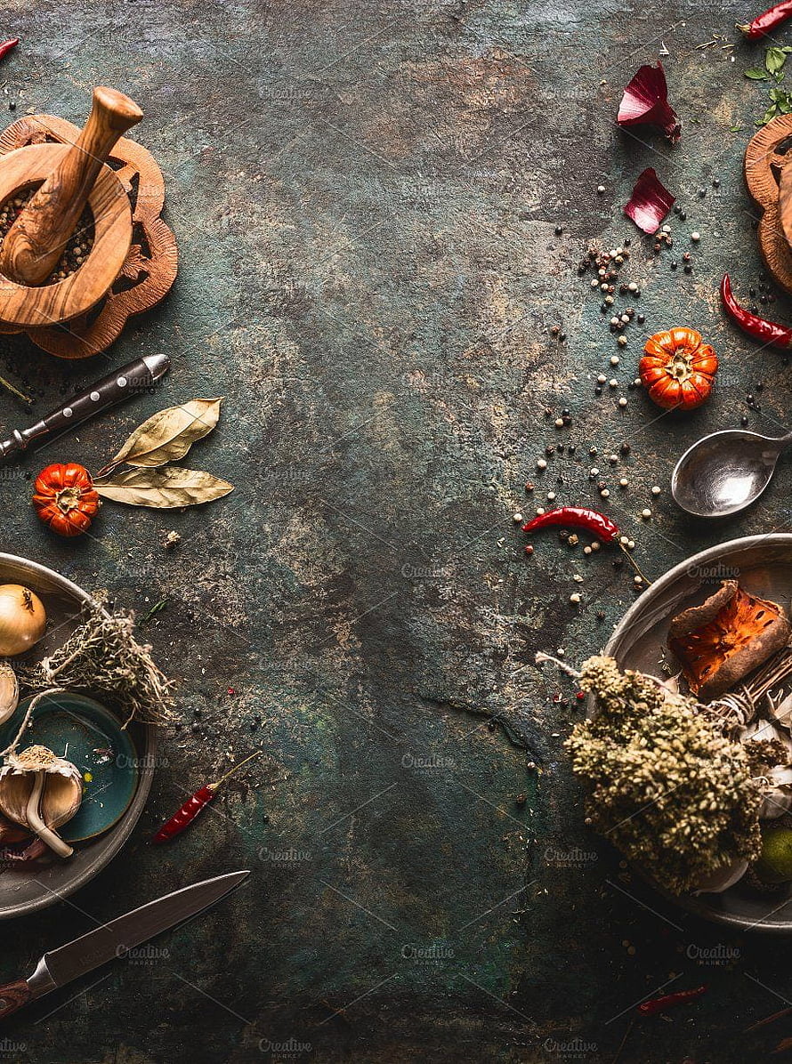 Rustic Kitchen Flat Lay with Dried Herbs, Spices, and Wooden Utensils on Textured Slate HD phone wallpaper