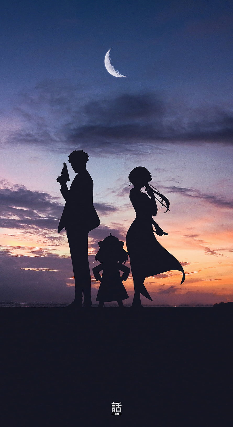 Spy x Family Silhouettes Against a Twilight Sky with Crescent Moon HD phone wallpaper