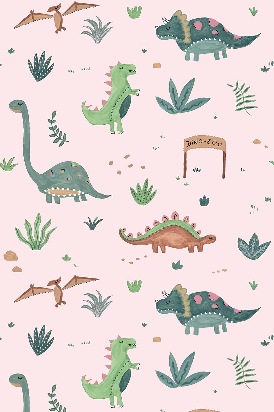 Cute Dinosaur Pattern Illustration with Prehistoric Animals and Plants HD phone wallpaper