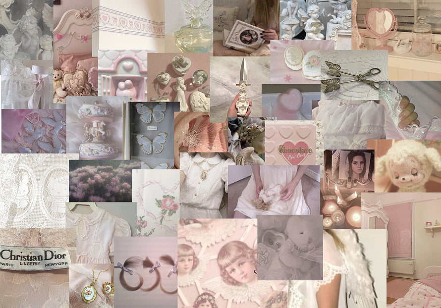 Soft Pink Coquette Aesthetic Mood Board With Vintage Lace, Cherubs, and Delicate Accessories HD wallpaper
