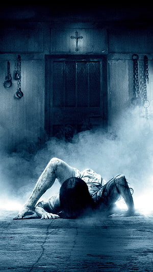 Creepy Possessed Girl Crawling on Floor in Dark Room with Chains and Cross HD phone wallpaper