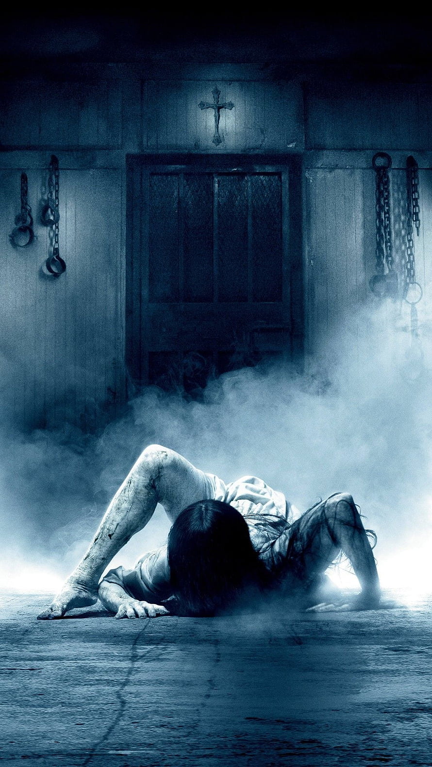 Creepy Possessed Girl Crawling on Floor in Dark Room with Chains and Cross HD phone wallpaper