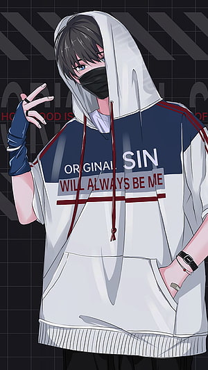 Anime Boy In White Hoodie With Black Mask And Blue Eyes HD phone wallpaper