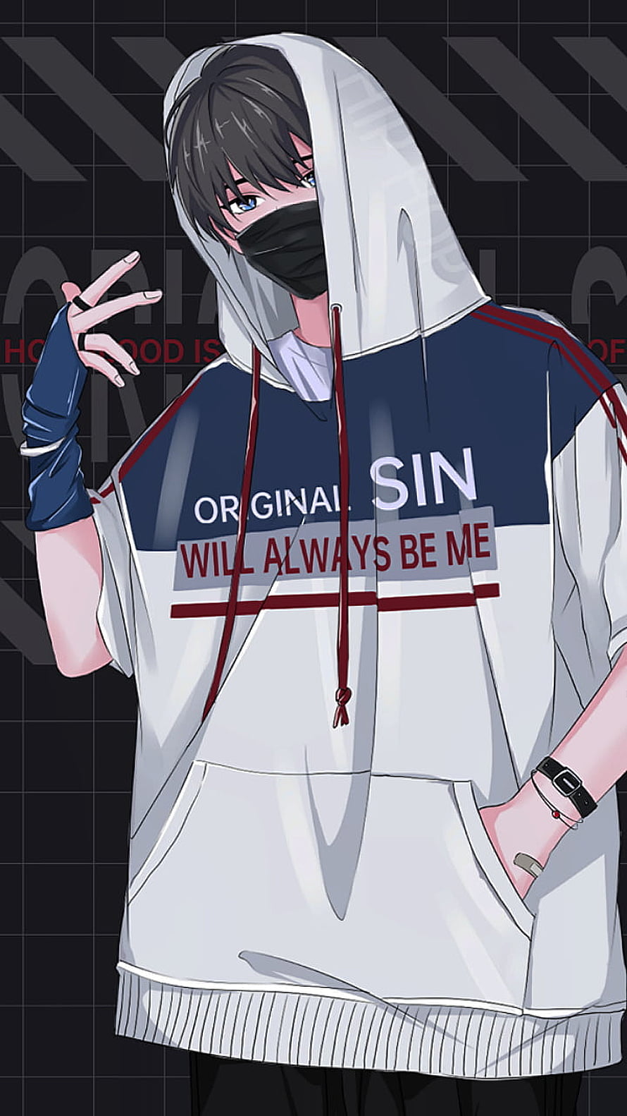 Anime Boy In White Hoodie With Black Mask And Blue Eyes HD phone wallpaper