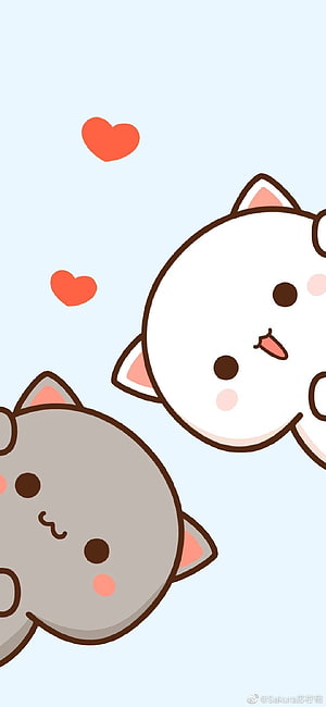 Cute Cartoon Cats With Hearts Pastel Blue Background HD phone wallpaper