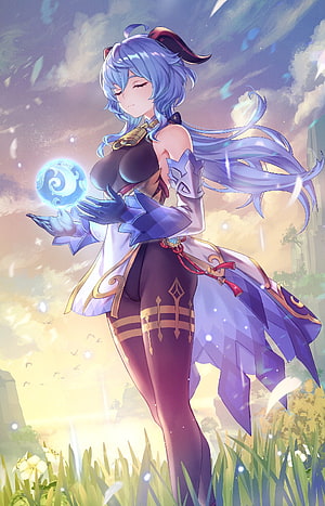 Ganyu from Genshin Impact casting ice magic in a serene grassy field with a glowing blue orb HD phone wallpaper