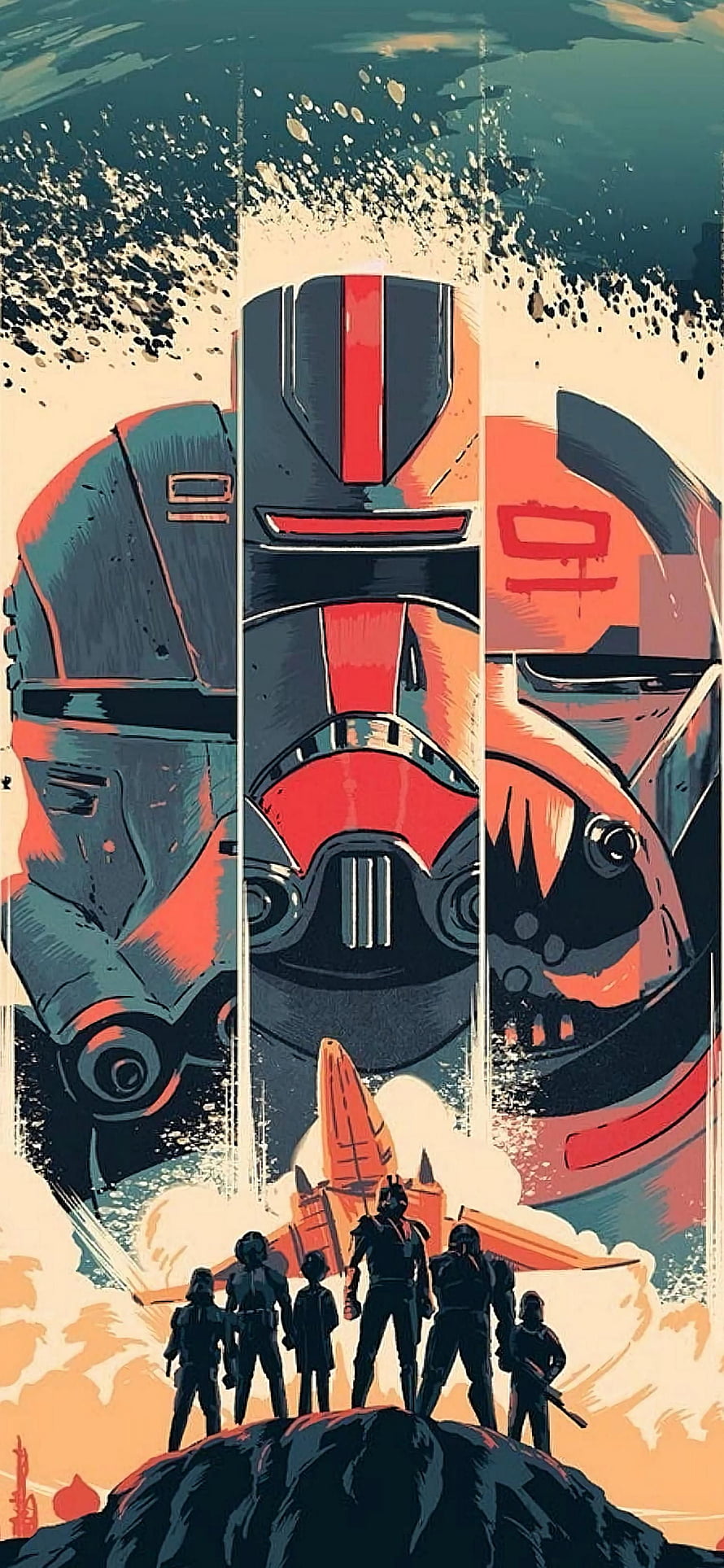 Star Wars The Bad Batch Comic Style Poster with Clone Trooper Helmets and Silhouetted Squad HD phone wallpaper