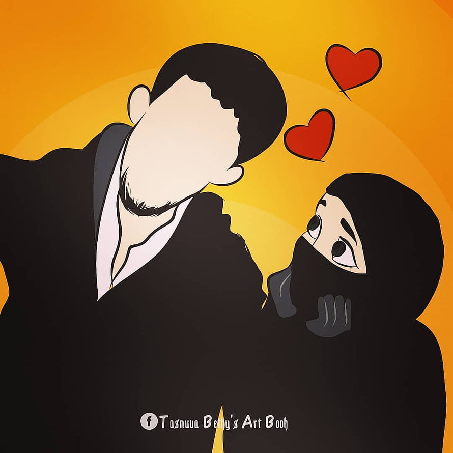Cute Muslim Couple Cartoon Illustration with Hearts on Orange Background HD phone wallpaper