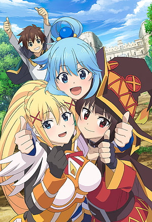 KonoSuba Anime Group Portrait of Aqua, Megumin, Darkness, and Kazuma Giving Thumbs Up HD phone wallpaper