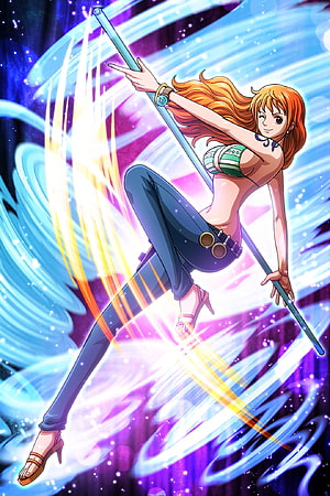 Nami from One Piece wielding a glowing staff in a dynamic anime action pose HD phone wallpaper