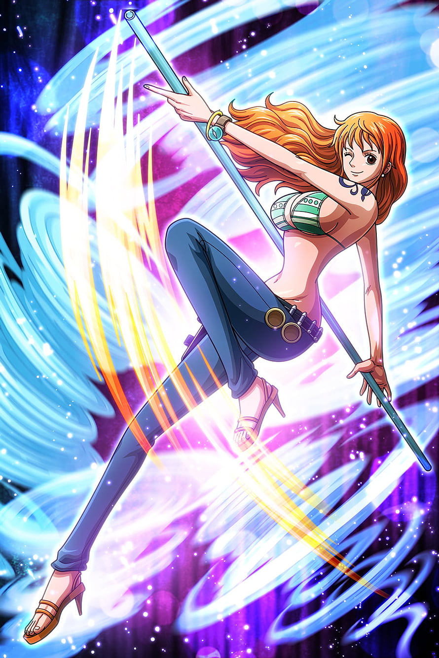 Nami from One Piece wielding a glowing staff in a dynamic anime action pose HD phone wallpaper