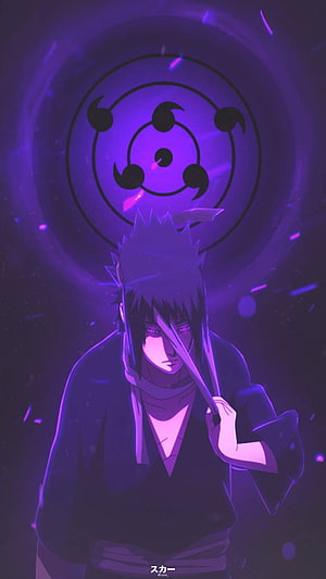 Uchiha Sasuke with Sharingan and Rinnegan in Purple Chakra Aura HD phone wallpaper