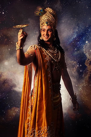 Lord Krishna Holding Sudarshan Chakra Against Cosmic Starry Sky Background HD phone wallpaper