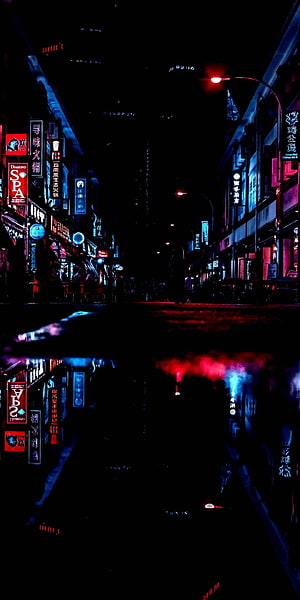 Neon-lit Asian city street at night with wet pavement reflections and glowing signage HD phone wallpaper