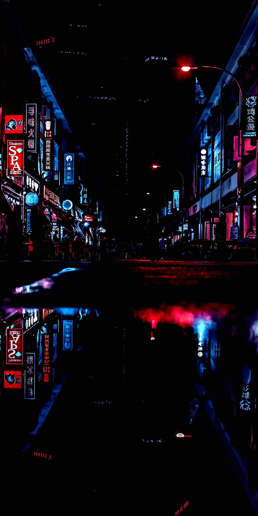 Neon-lit Asian city street at night with wet pavement reflections and glowing signage HD phone wallpaper