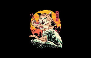 Japanese Ukiyo-e Style Cat Eating Sushi with Great Wave and Pagoda Silhouette HD wallpaper