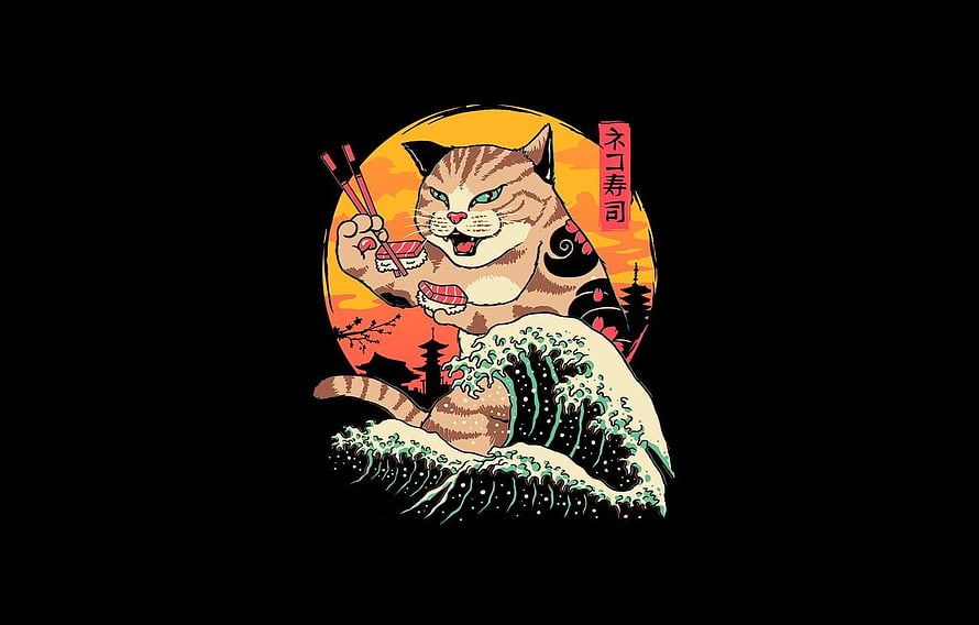 Japanese Ukiyo-e Style Cat Eating Sushi with Great Wave and Pagoda Silhouette HD wallpaper