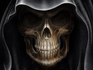 Grim Reaper Skull Portrait in Dark Hooded Cloak with Dramatic Lighting HD wallpaper