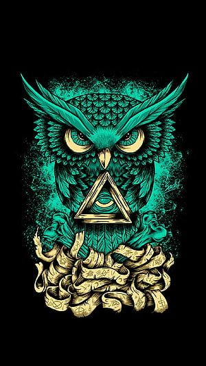 Mystical Teal Owl with Eye of Providence Triangle and Occult Scrolls HD phone wallpaper