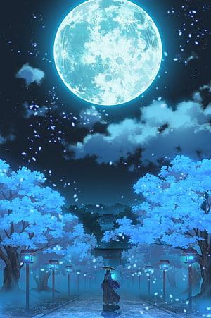 Solitary Figure Walking Through Cherry Blossom Path Under Giant Blue Moon HD phone wallpaper