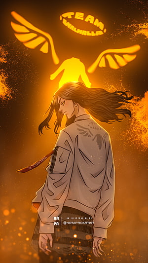 Team Walhalla anime character illustration with glowing angel wings and halo HD phone wallpaper