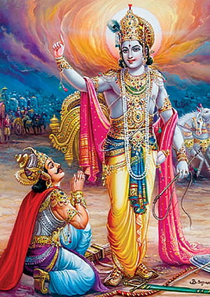 Krishna Blessing Arjuna in the Bhagavad Gita Scene with Chariot and Army HD phone wallpaper