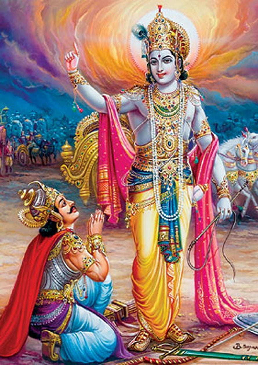 Krishna Blessing Arjuna in the Bhagavad Gita Scene with Chariot and Army HD phone wallpaper