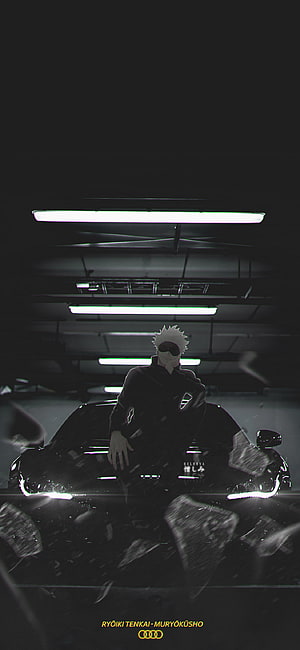 Gojo Satoru from Jujutsu Kaisen leaning on a black Audi in a dark parking garage HD phone wallpaper