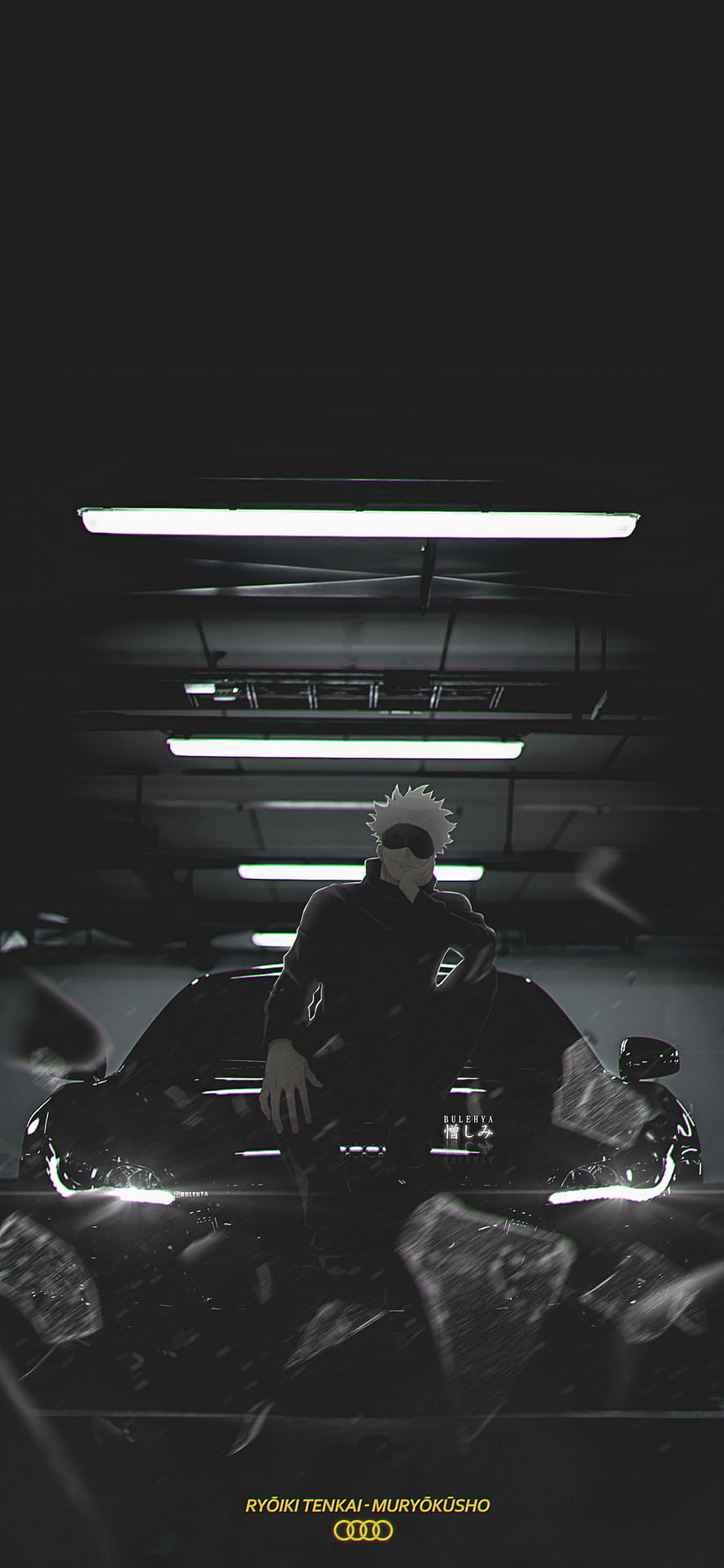 Gojo Satoru from Jujutsu Kaisen leaning on a black Audi in a dark parking garage HD phone wallpaper