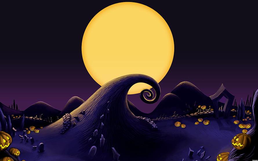 The Nightmare Before Christmas Halloween Landscape With Giant Moon And Jack O Lanterns HD wallpaper