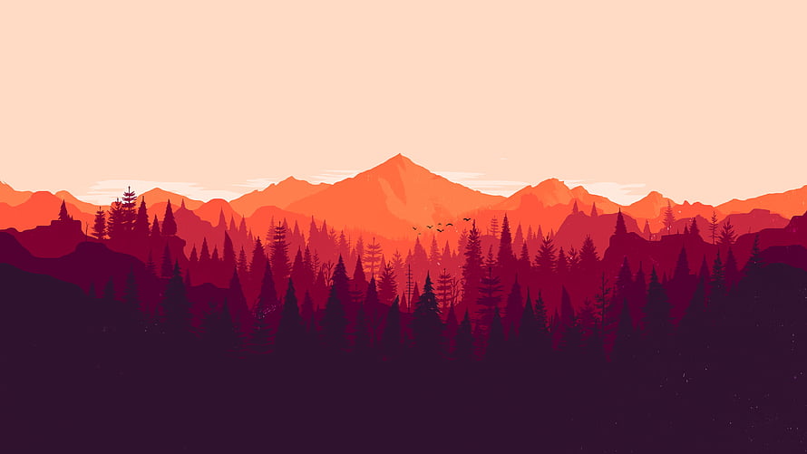Sunset Mountain Range With Pine Forest Silhouette Vector Illustration HD wallpaper