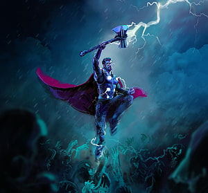Thor Wielding Mjolnir Amidst Lightning and Storm in Cinematic Digital Art HD wallpaper
