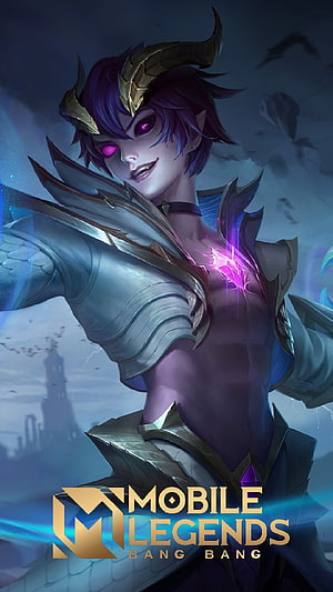 Dyrroth character art from Mobile Legends Bang Bang with glowing purple eyes and ornate armor HD phone wallpaper