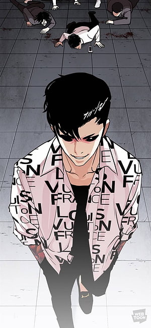Manhwa character in Louis Vuitton shirt standing over defeated enemies on tiled floor, Lookism HD phone wallpaper