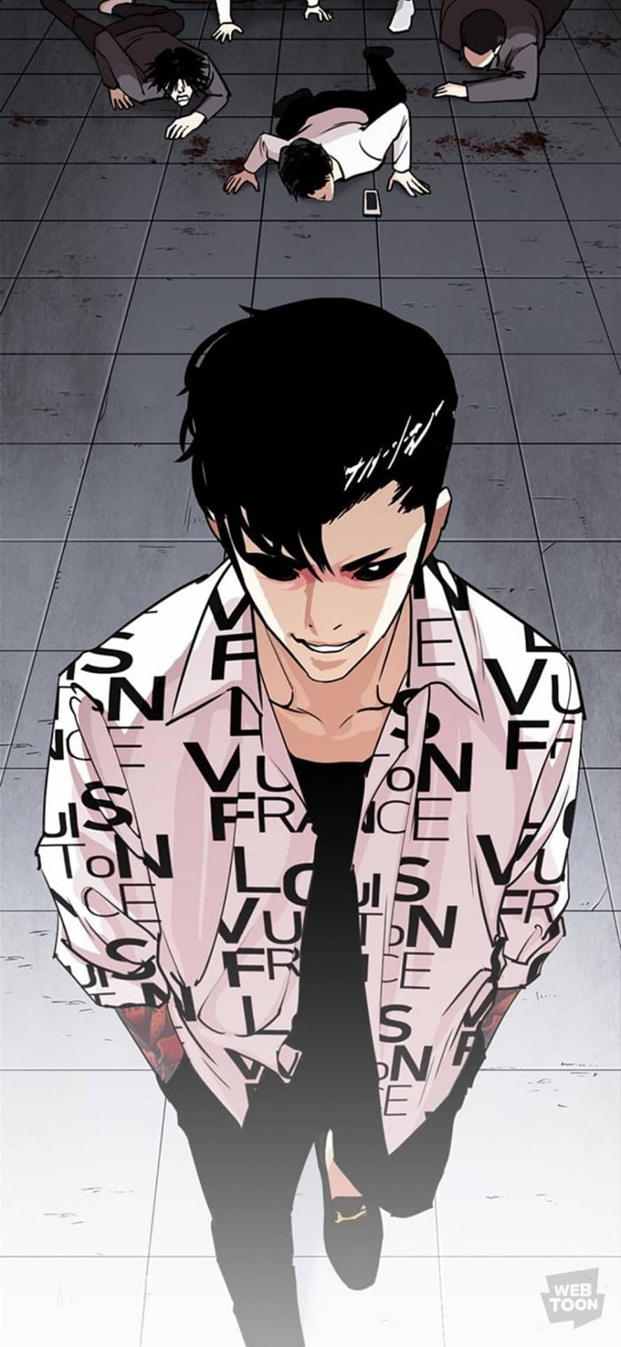 Manhwa character in Louis Vuitton shirt standing over defeated enemies on tiled floor, Lookism HD phone wallpaper