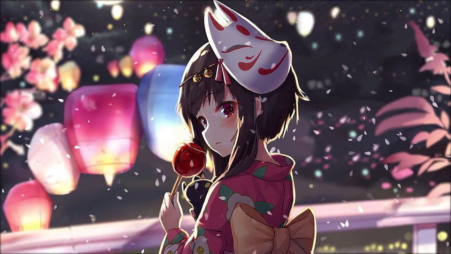 Anime Girl in Kimono Wearing Fox Mask at Night Festival with Lanterns HD wallpaper