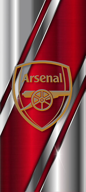 Arsenal FC Shield Emblem on Red and Silver Diagonal Stripes HD phone wallpaper