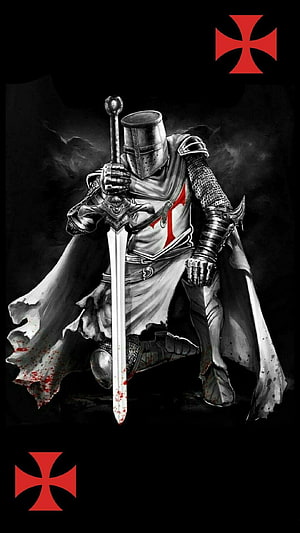 Templar Knight kneeling with sword and red cross symbol HD phone wallpaper