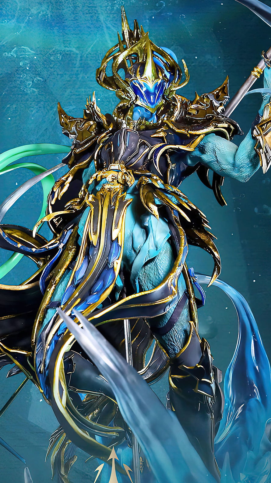 Blue and Gold Fantasy Warrior in Ornate Armor with Trident HD phone wallpaper