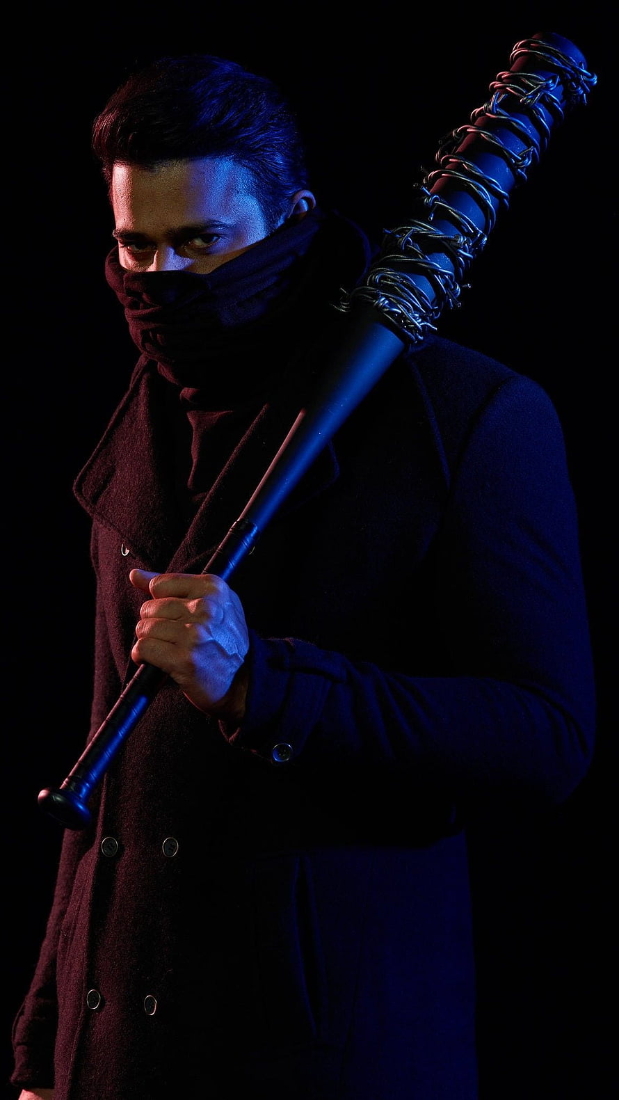 The Walking Dead Negan Cosplay with Lucille Baseball Bat in Dark Blue Lighting HD phone wallpaper