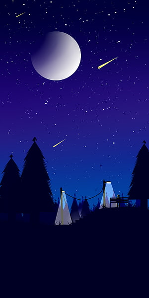 Minimalist Night Forest Scene with Moon, Shooting Stars, and Glowing Lanterns HD phone wallpaper