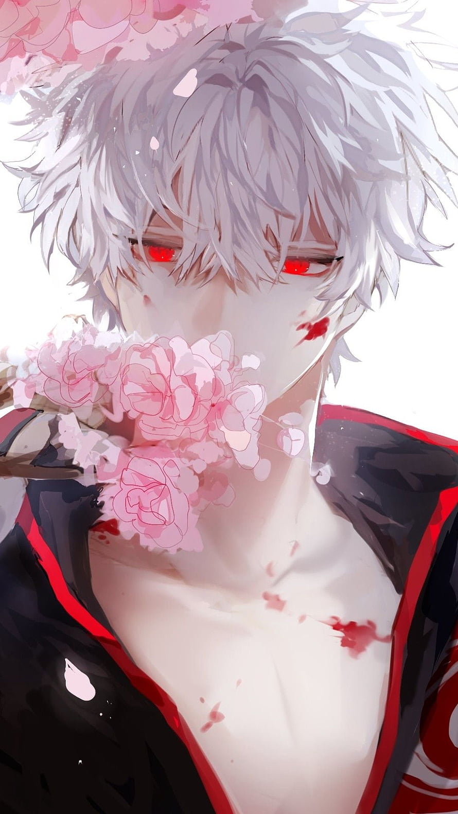 White-Haired Anime Boy With Red Eyes Holding Pink Flowers HD phone wallpaper