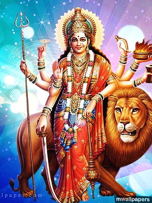 Maa Durga Riding Lion with Trident and Sword in Traditional Indian Art HD phone wallpaper