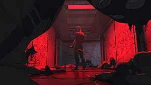 Daredevil anime scene with red-lit corridor and fallen figures HD wallpaper