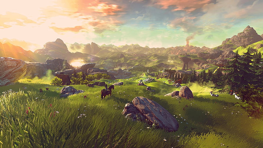 The Legend of Zelda Breath of the Wild Hyrule Grassland at Golden Hour HD wallpaper