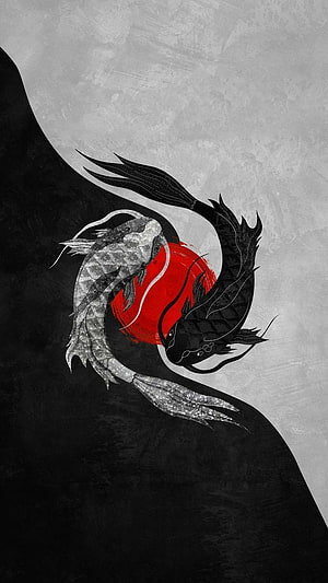 Black and White Koi Fish Art with Red Sun Background HD phone wallpaper
