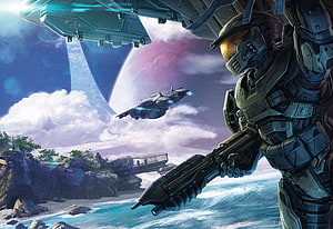 Halo Master Chief on a tropical beach with a ring world and UNSC dropship in the sky HD wallpaper