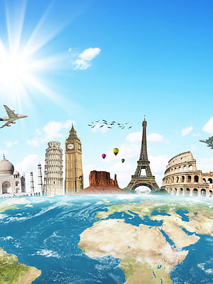 World Travel Landmarks Composite Featuring Eiffel Tower, Big Ben, Colosseum, Leaning Tower of Pisa, and Taj Mahal Above Earth HD phone wallpaper