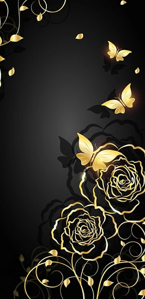Elegant Black and Gold Roses with Glowing Butterflies on Dark Background HD phone wallpaper
