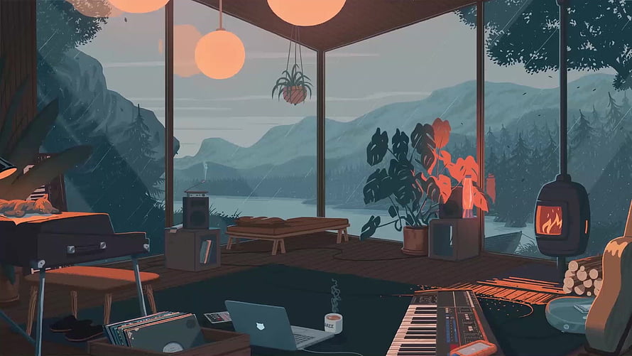 Cozy Music Studio Interior With Mountain Lake View And Rainy Atmosphere HD wallpaper